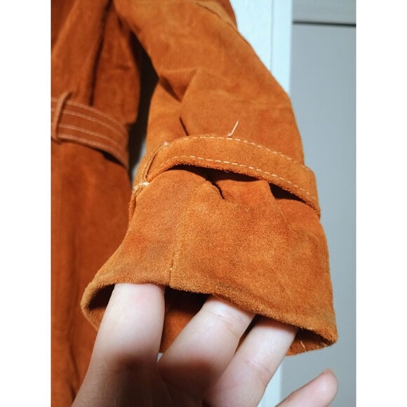 Vintage 70s Suede Trench Coat Rust Brown Belted Long Jacket Boho Western Women's - Picture 5 of 16